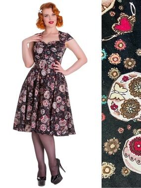 Hell Bunny Sugar Skulls Sasha Swing Dress in Black Medium